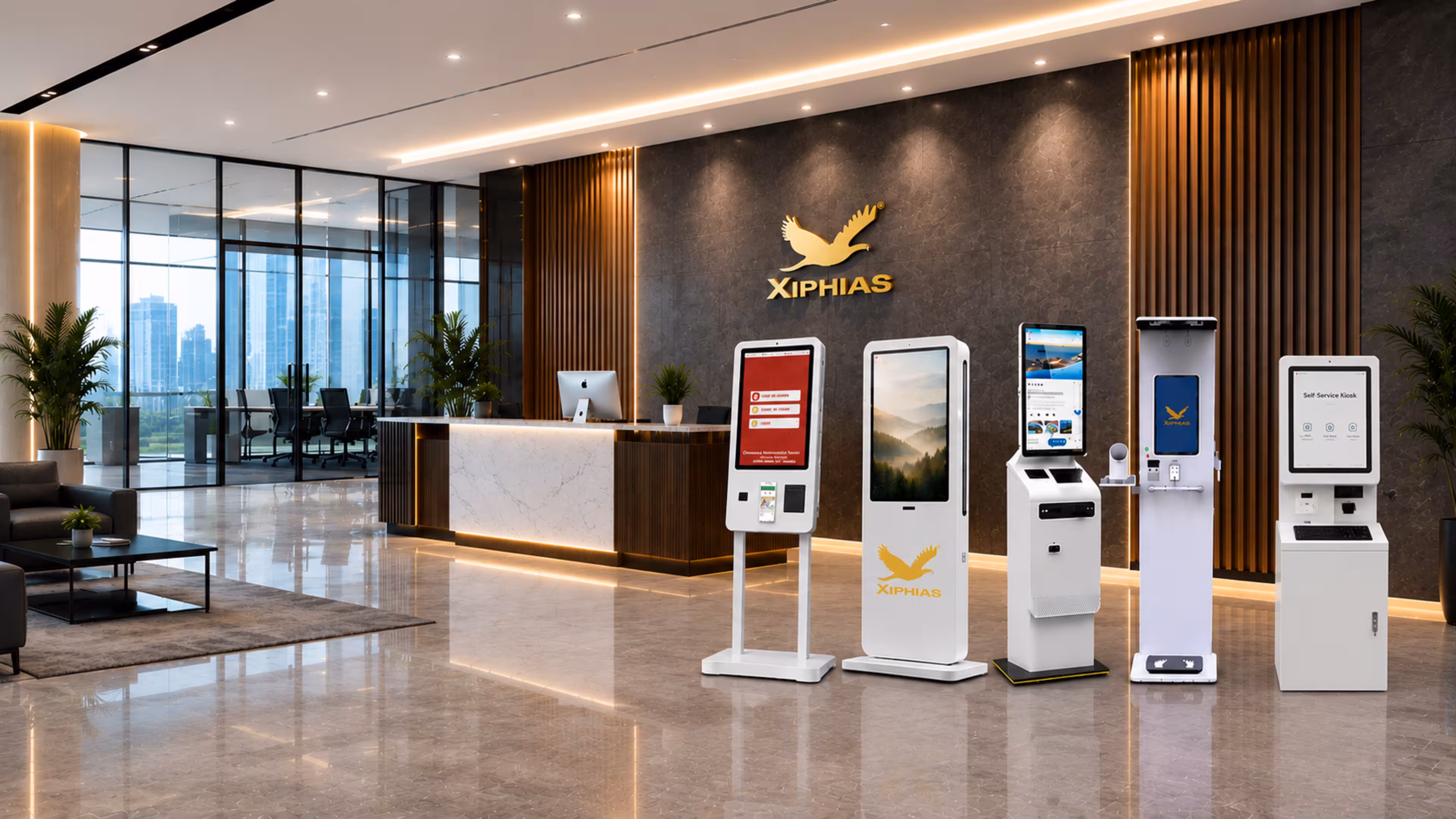 Interactive IoT kiosk with a touchscreen interface for monitoring and managing connected devices.