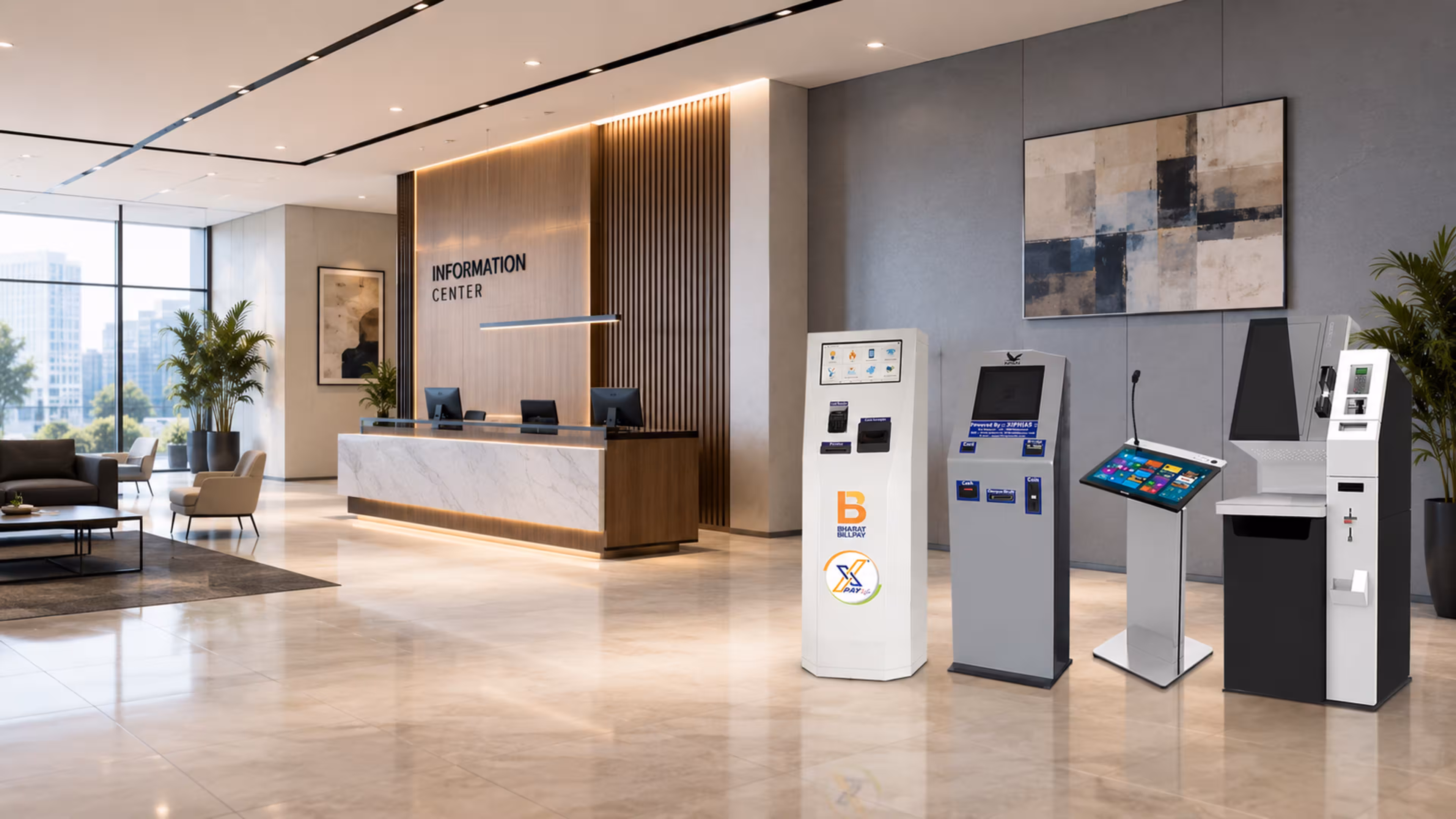 Freestanding IoT kiosk featuring a large touchscreen that displays connected device data, system status, and interactive controls.